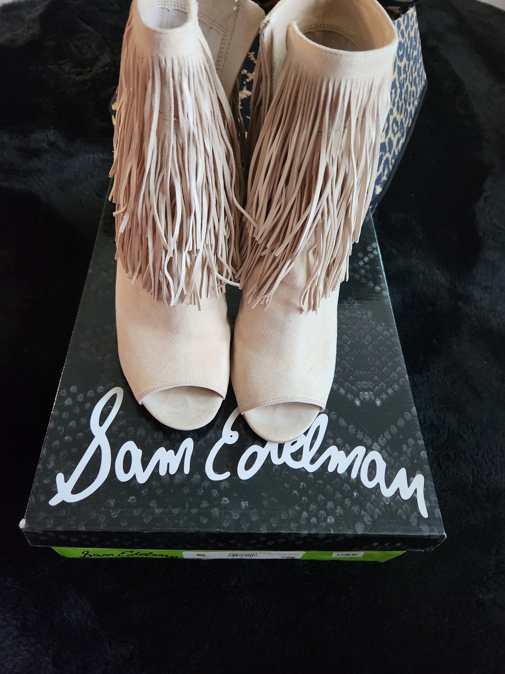 Sam Edelman Women’s Beige Fringe Peep-Toe Booties
